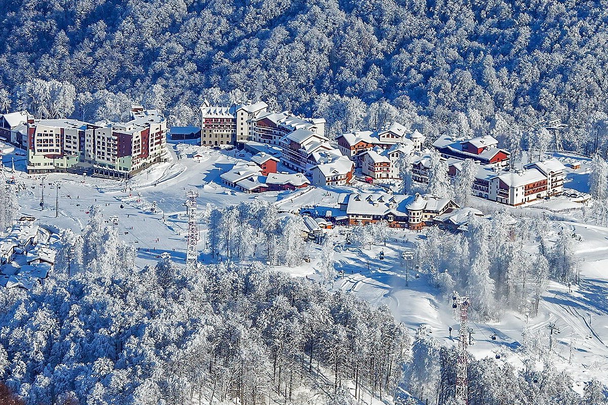 Rosa Khutor in Russia: an aerial view of the resort in winter.