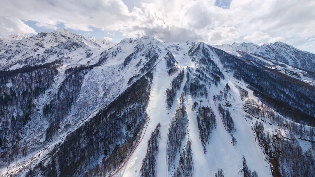 Rosa Khutor in Russia - an aerial view of the ski slopes in the austrian alps.