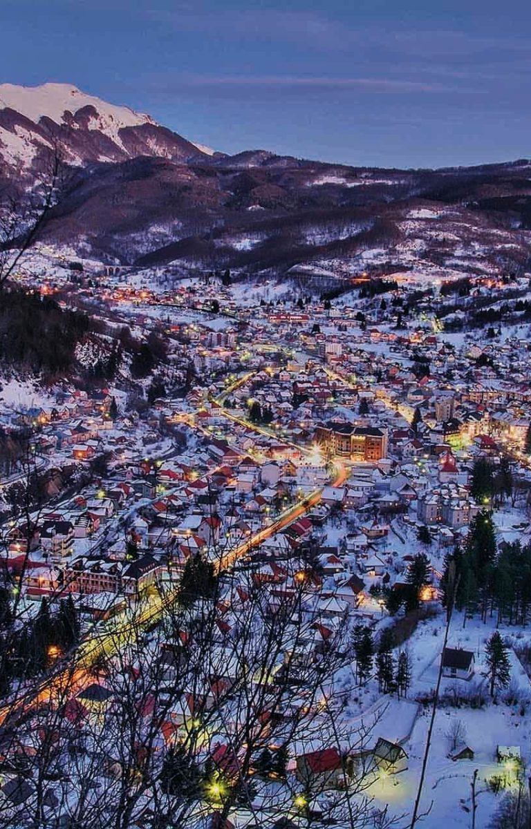 Vučje in Montenegro - a city in the mountains with snow on the ground.
