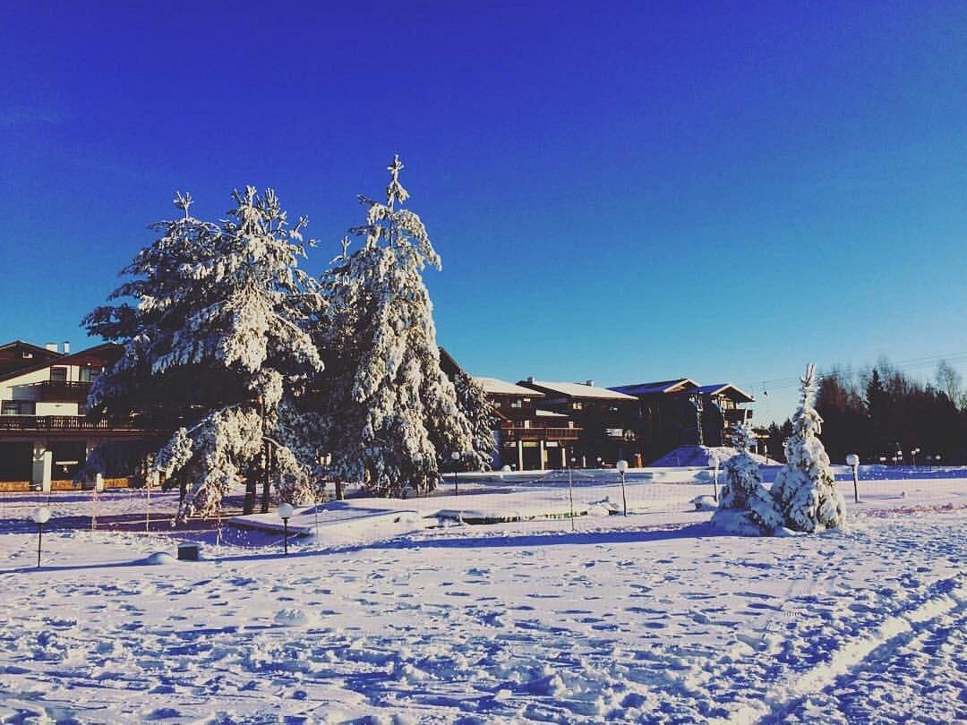 Yakhroma Park in Russia - snow covered trees in front of a house.