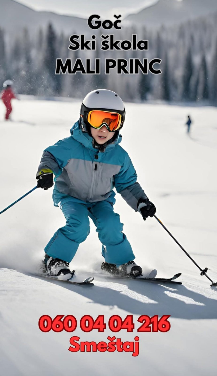 Goč – Banjskoj strani in Serbia - a young boy skiing down a snowy slope.