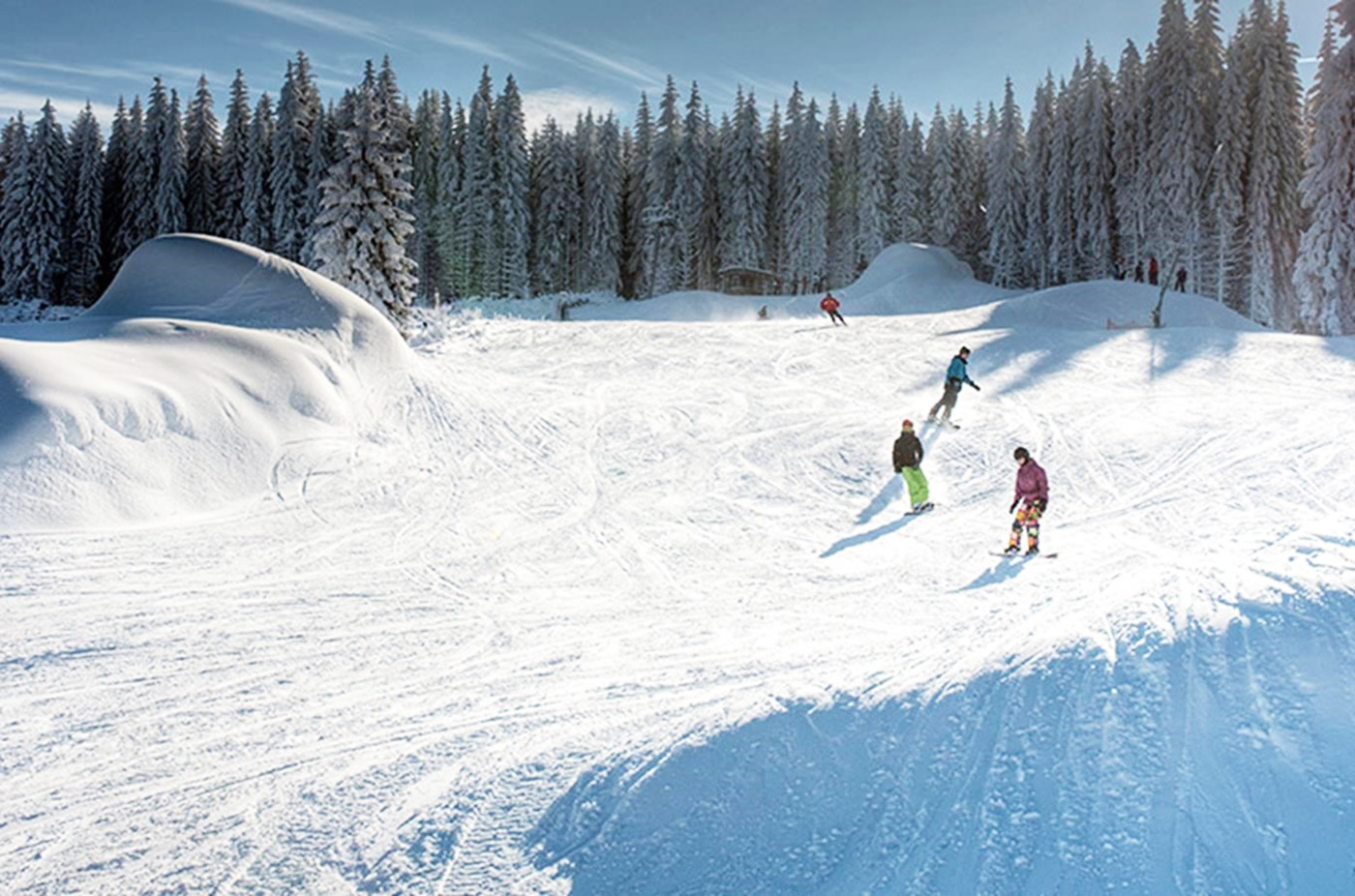 Skipot – Potůčky, Czech Republic, skier and snowboarder going down the slope