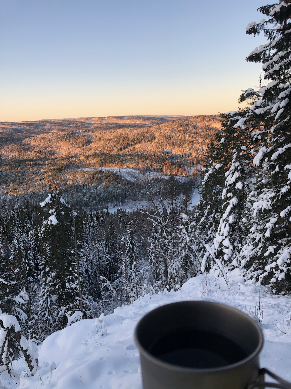 Lommedalen in Norway - a cup of coffee sitting on top of a snow covered mountain.