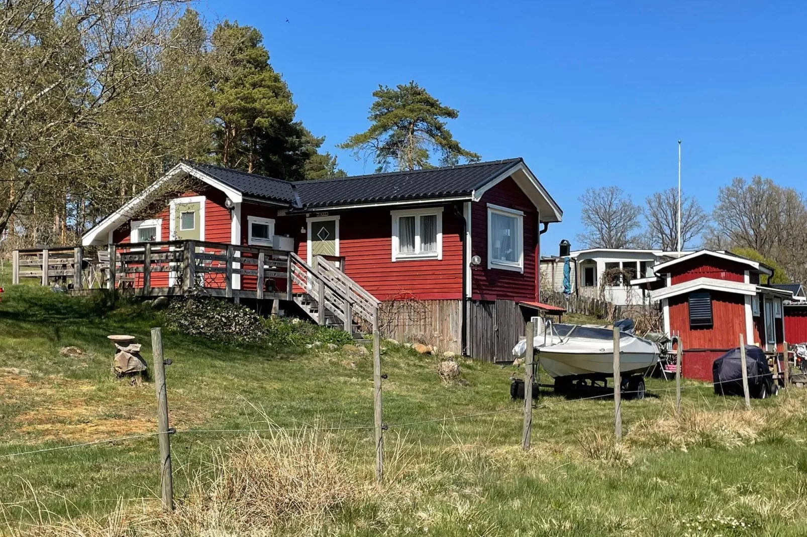 Hanaslöv in Sweden - a red house with a boat in front of it.