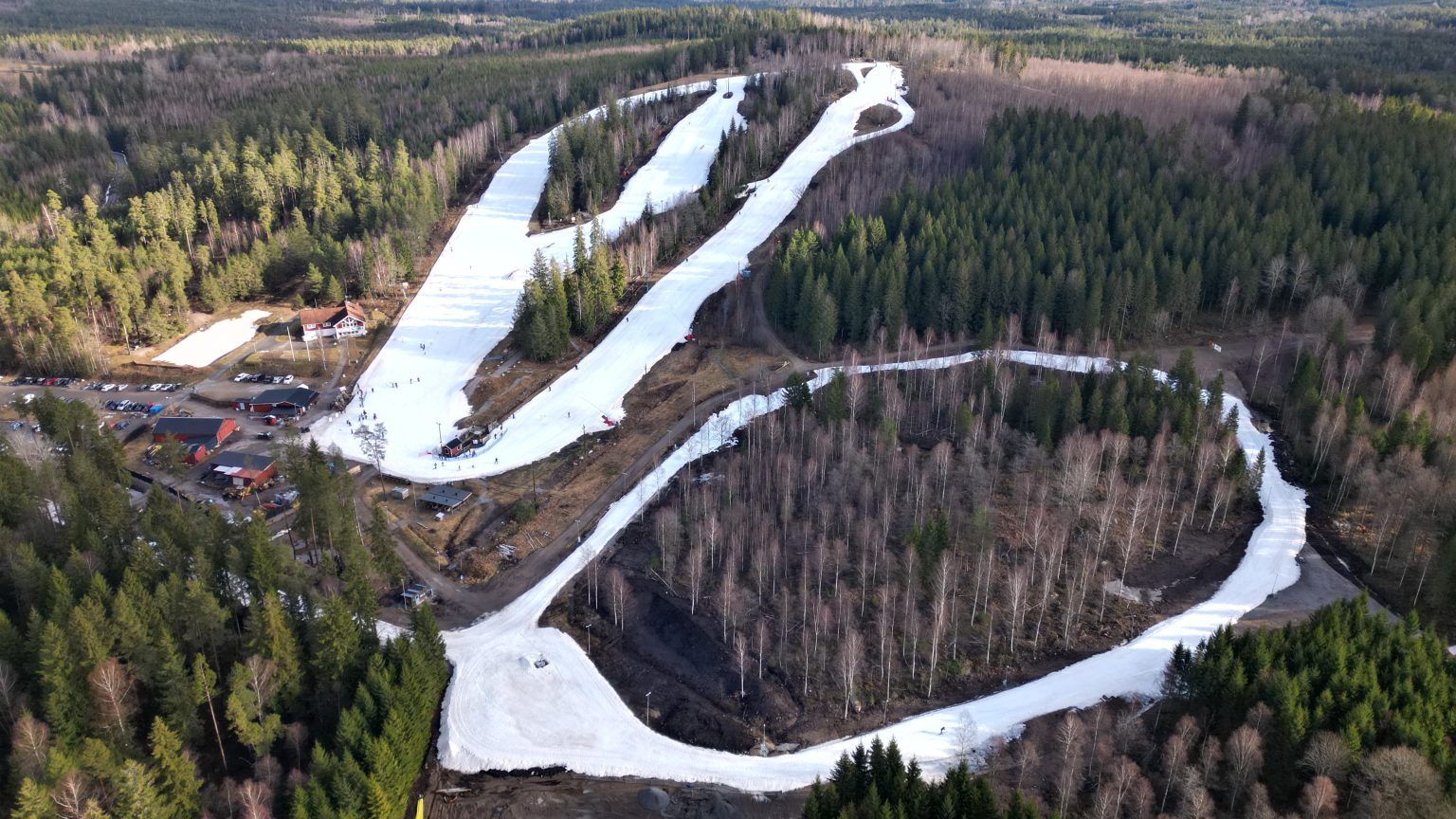 Hanaslöv in Sweden: an aerial view of a ski resort in the forest.