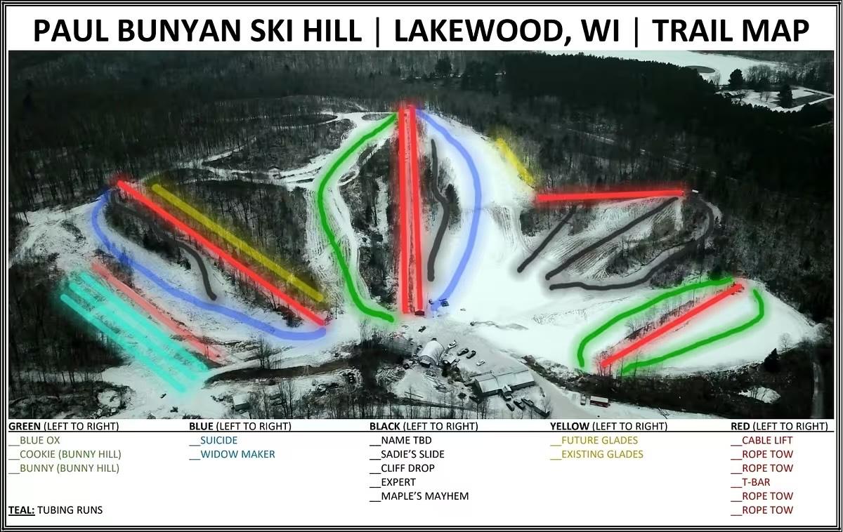 Paul Bunyan Ski Hill in USA: an aerial view of a ski resort with the ski area in the background.
