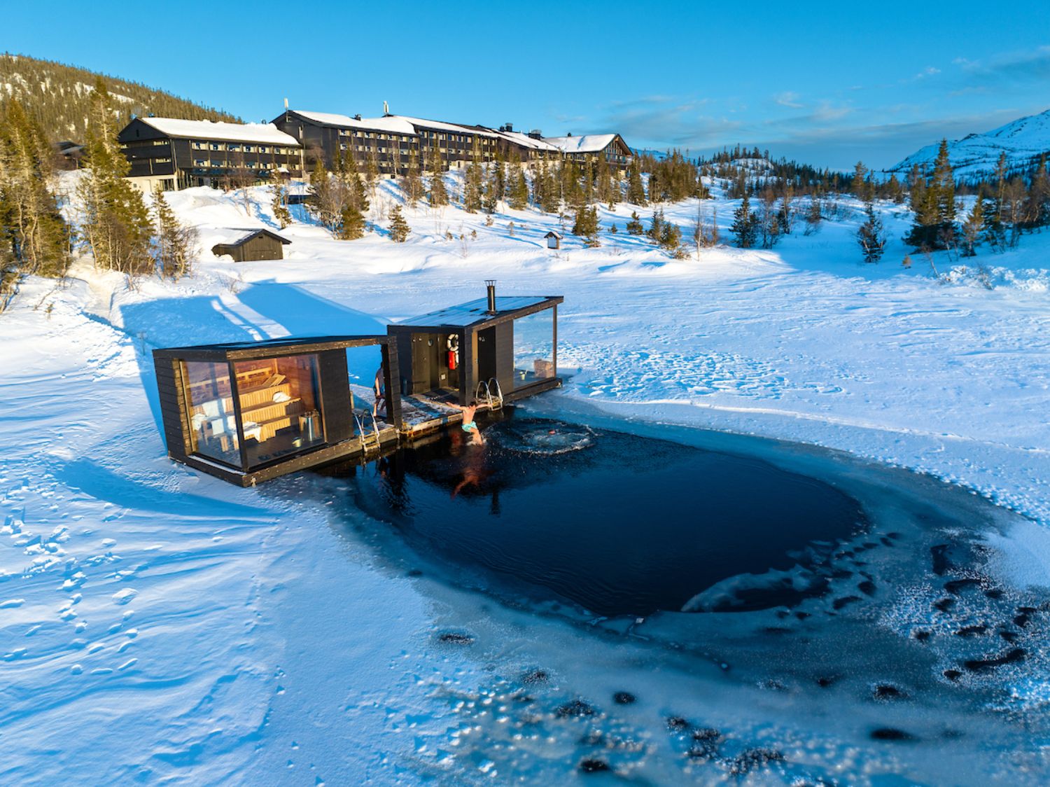 Gaustablikk Fjellresort in Norway - a small cabin in the middle of a snowy mountain.