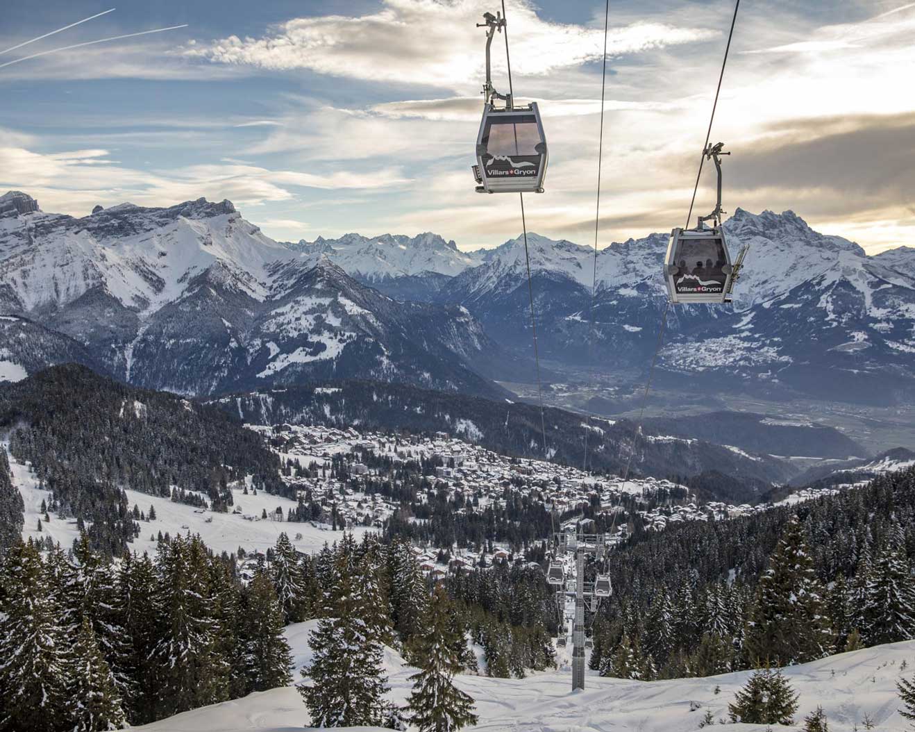 Villars Gryon Diablerets in Switzerland - a ski lift going up a snowy mountain.