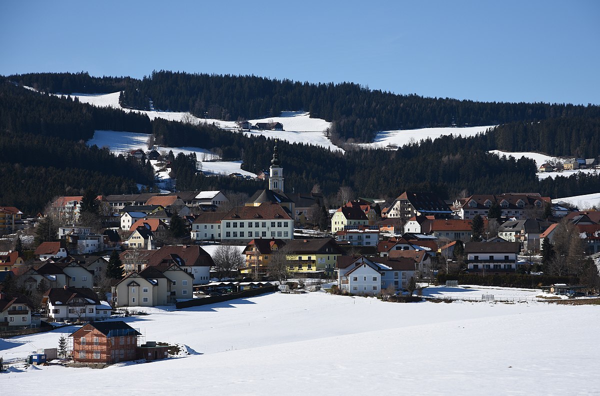 Wenigzell in Austria - a small town in the middle of a snowy landscape.