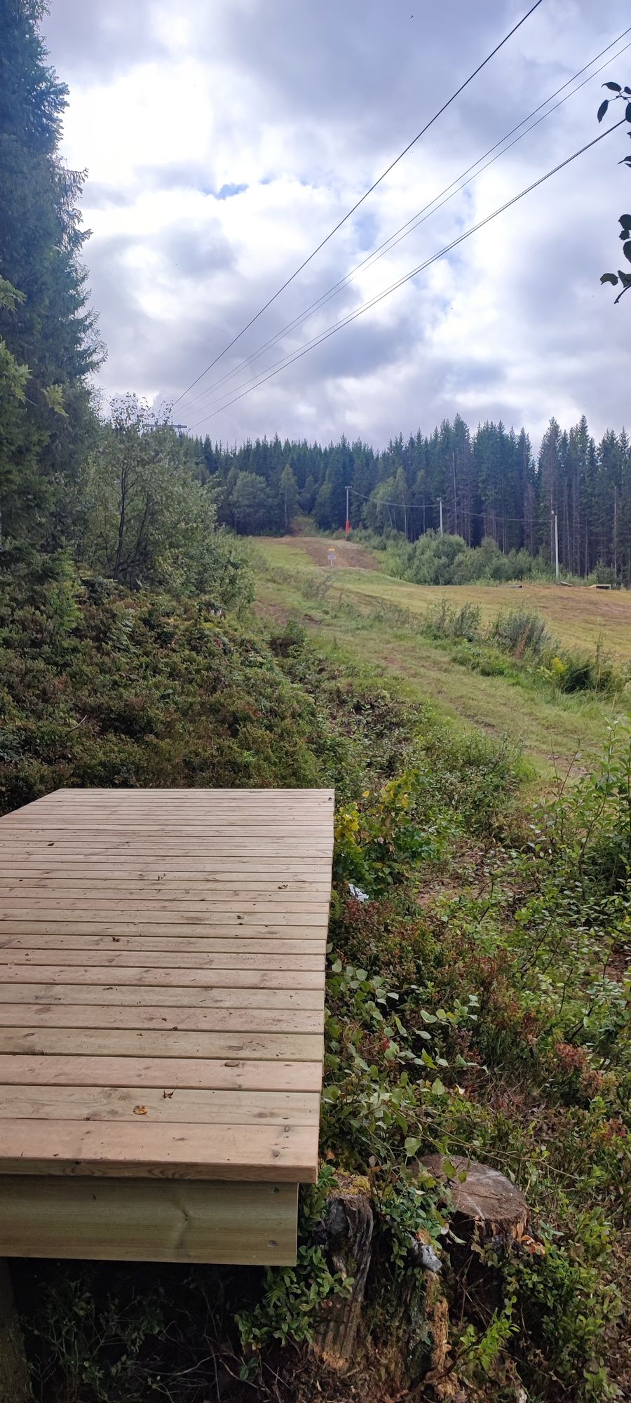 Skillevollen – Mo i Rana in Norway - a wooden bench sitting in the middle of a field.