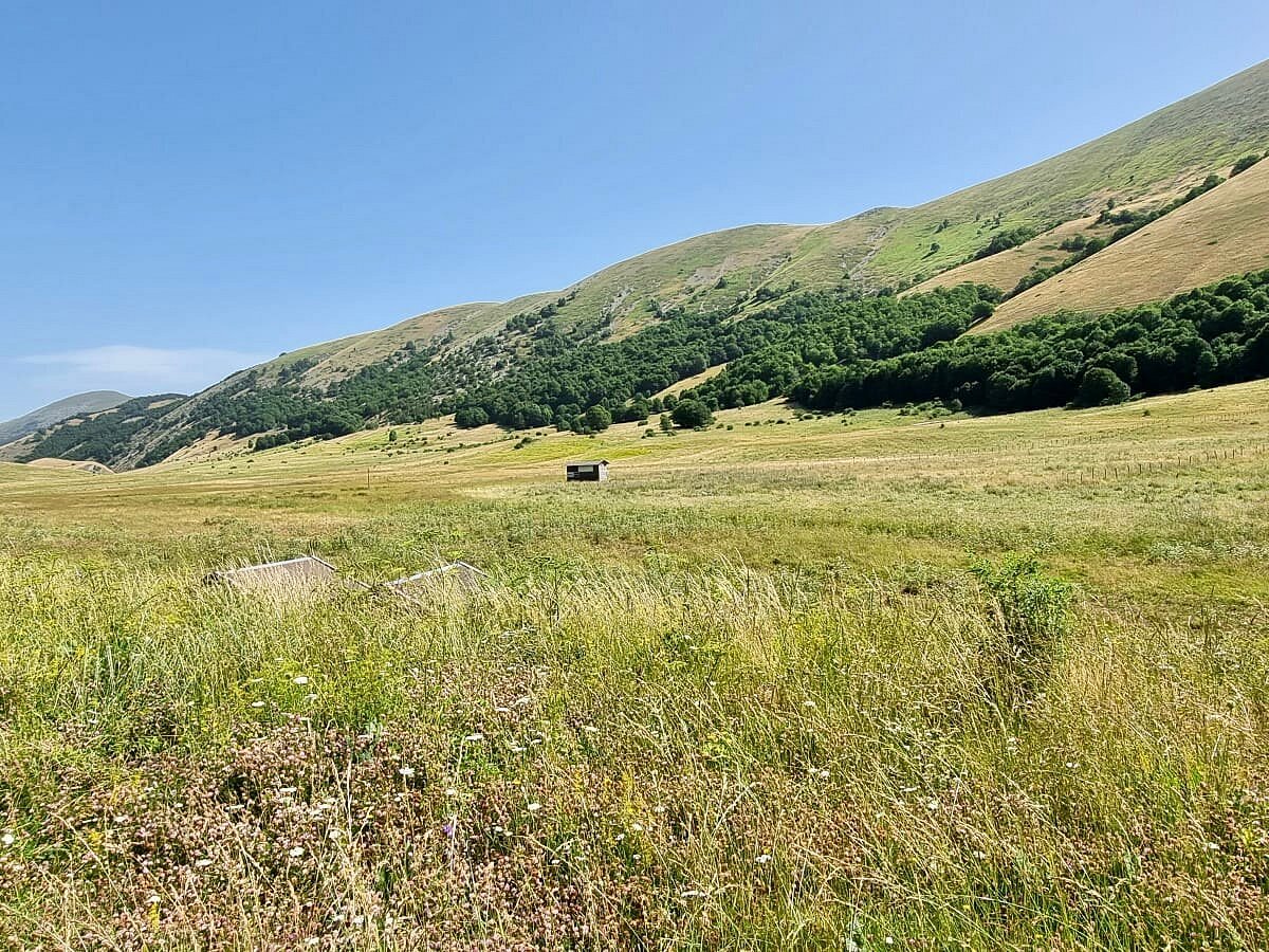 Passo Godi – Scanno in Italy - a grassy field with mountains in the background.
