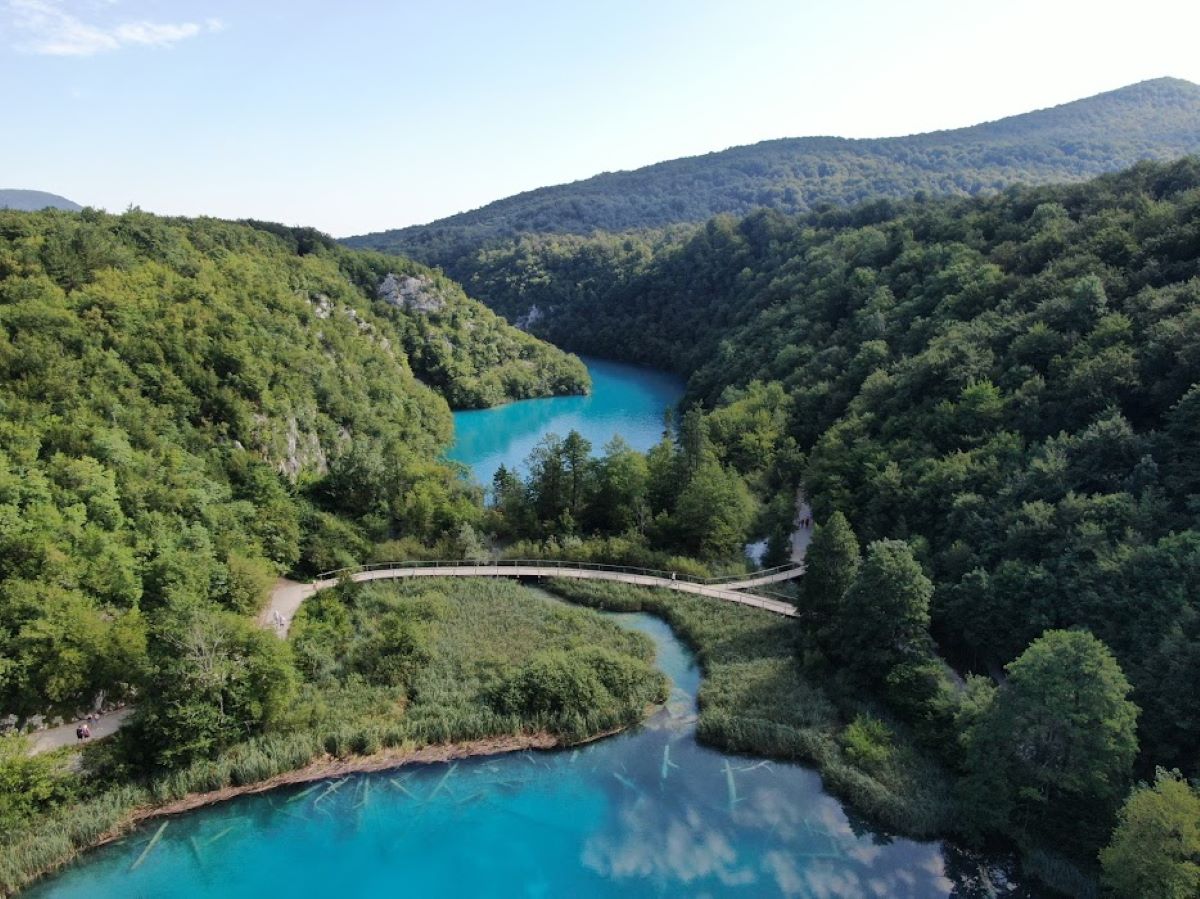 ŠRC Mukinje in Croatia - a bridge over a river in the middle of a forest.