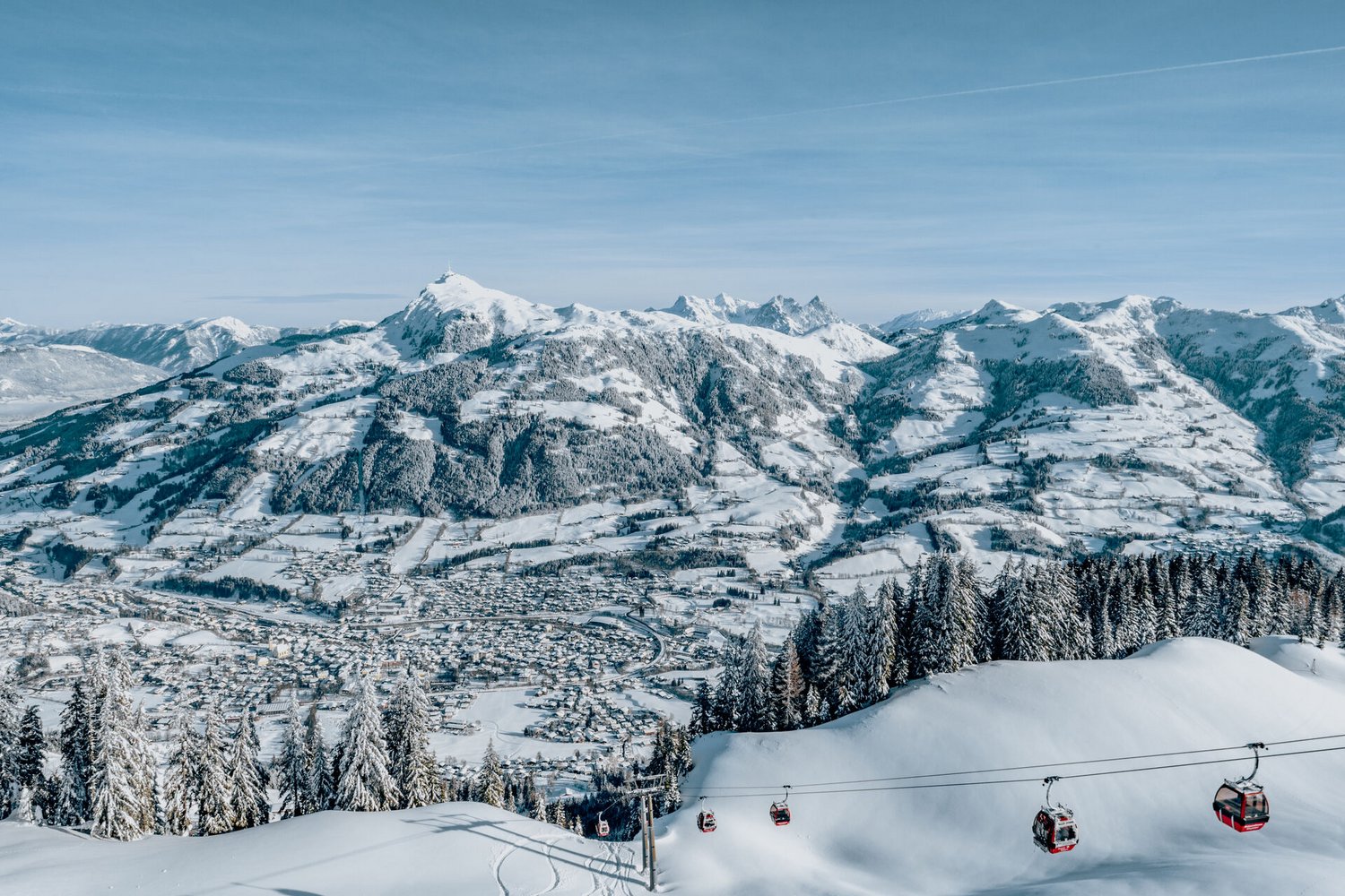 KitzSki in Austria - a ski lift going up a snowy mountain.