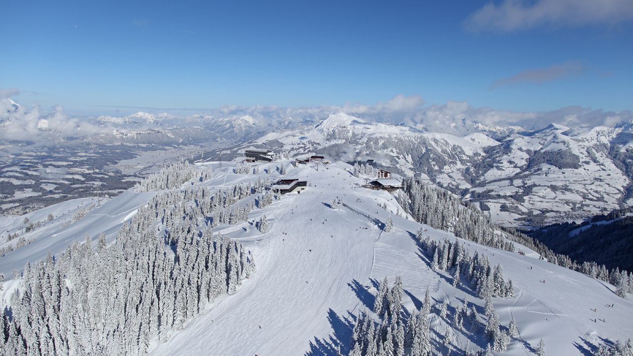 KitzSki in Austria - a view of the mountains from a ski slope.