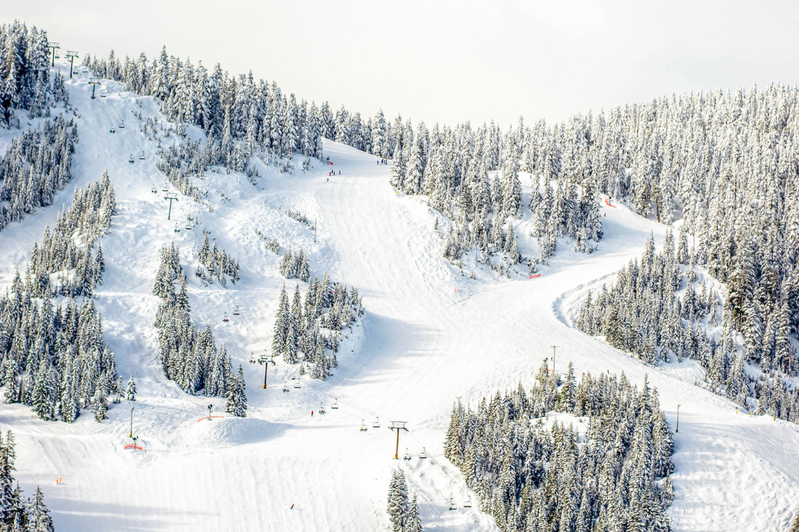 Cypress Mountain in Canada - a group of people skiing down a snowy slope.
