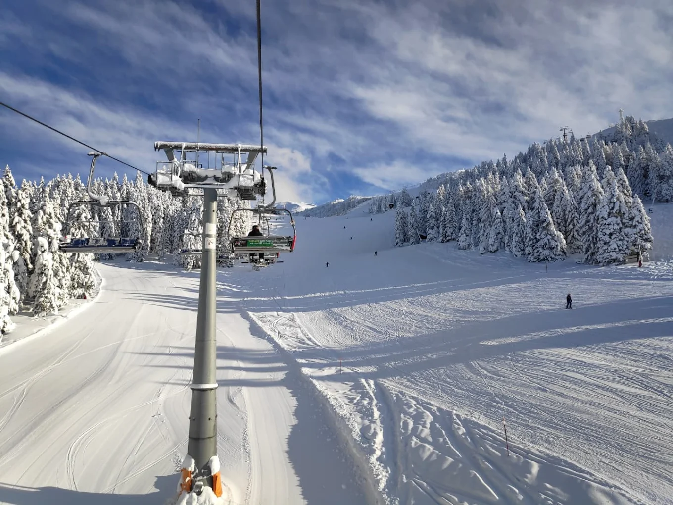 Krvavec in Slovenia - a ski lift going down a snowy slope.