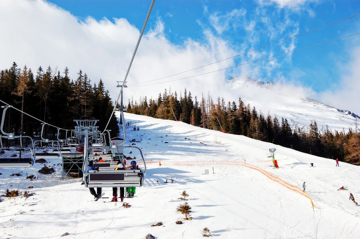 Tatranská Lomnica in Slovakia - a ski lift going up a snowy slope.