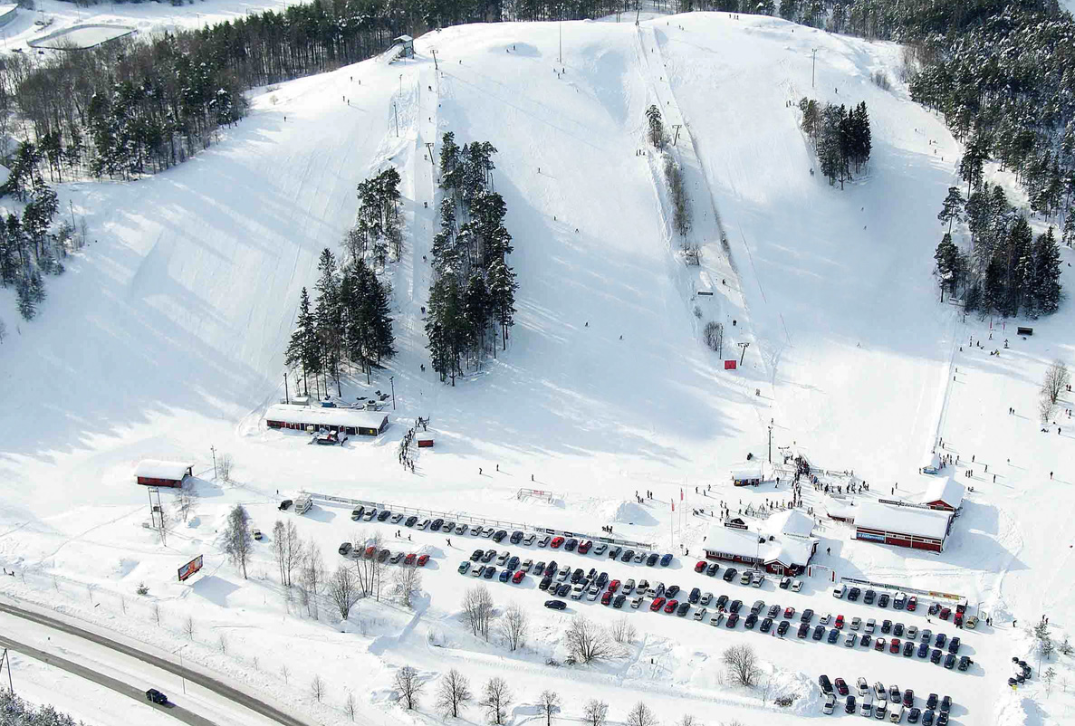 Hirvensalo in Finland - an aerial view of a ski area in the snow.
