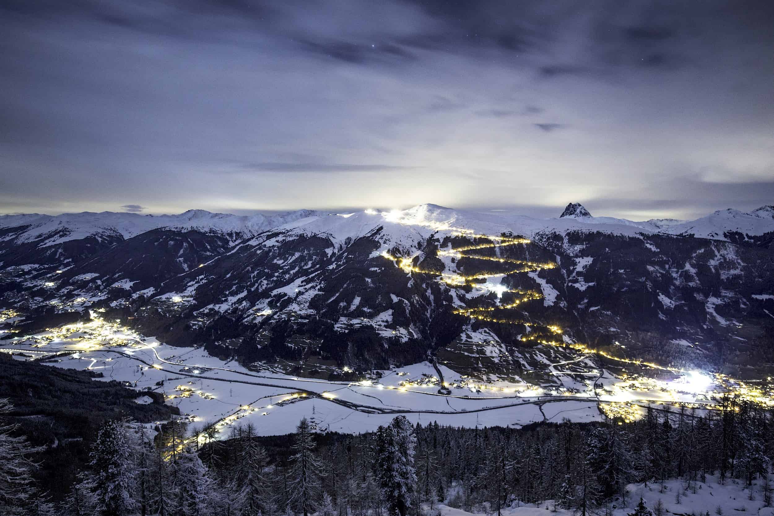 Wildkogel in Austria - a view of a snowy mountain at night.