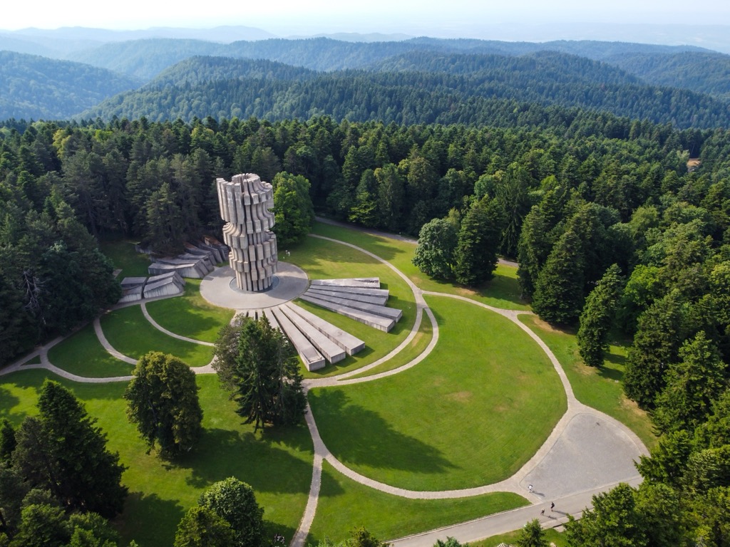 Kozara in Bosnia and Herzegovina - an aerial view of the ruins at the top of the mountain.