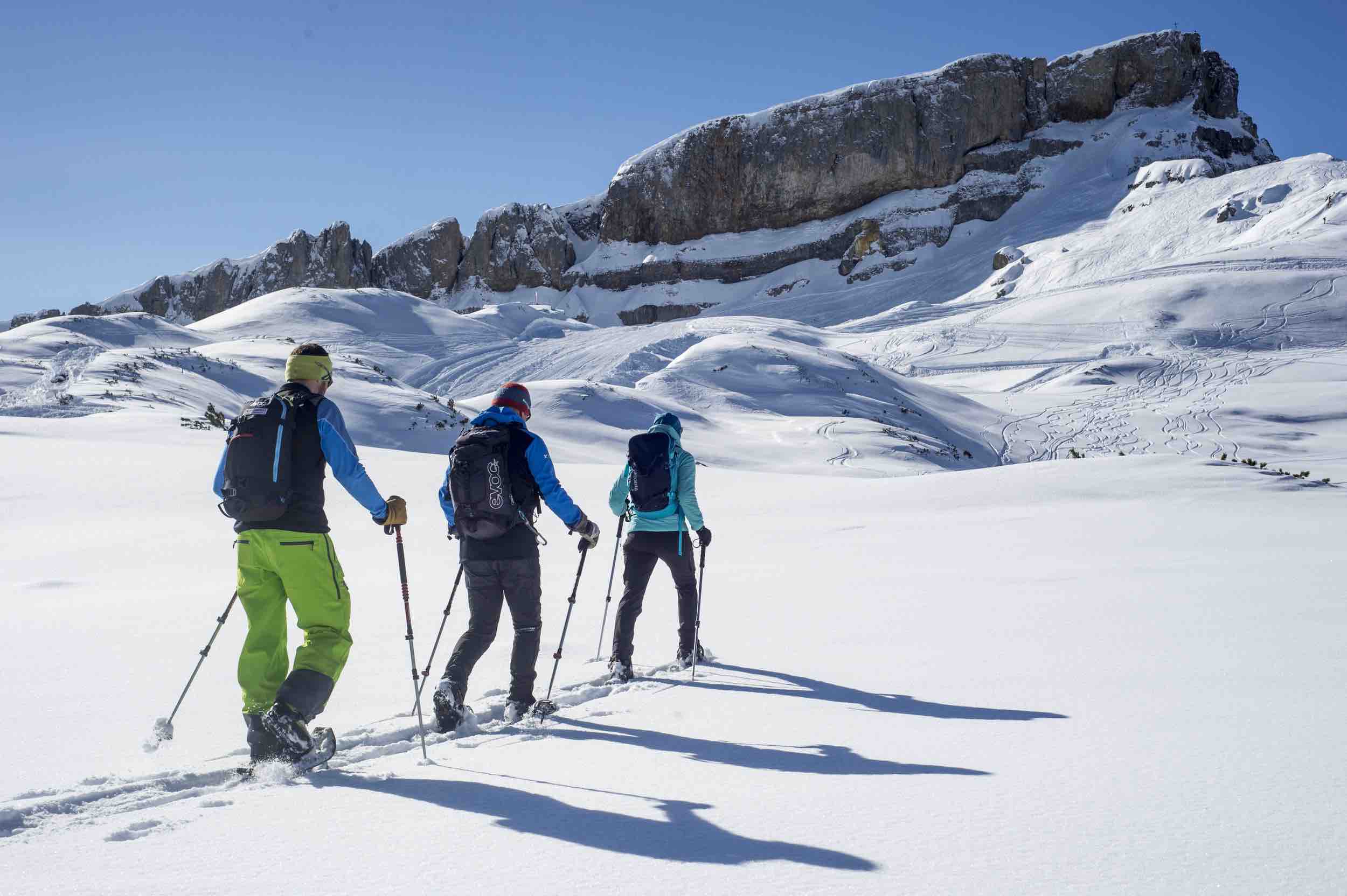 Winter scene at Walmendingerhorn in Austria, featuring a chalet and a family along with a group of people enjoying skiing activities.
