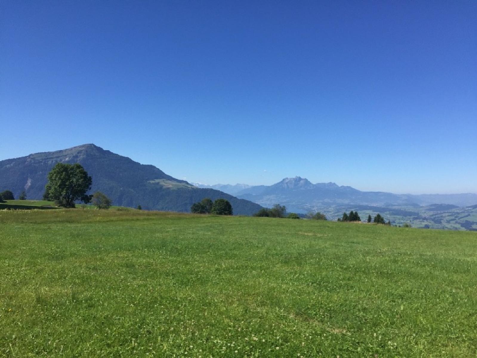 Nollen – Unterägeri in Switzerland - a green field with mountains in the background.