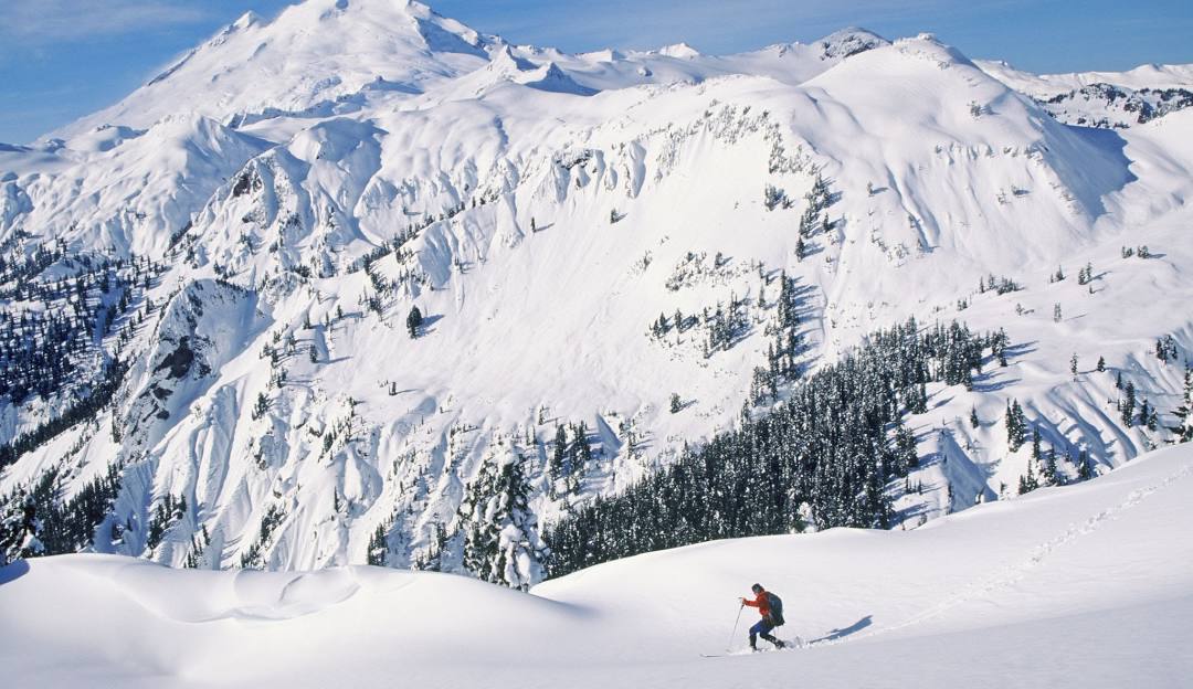 Mt Baker in USA - a person skiing down a snowy slope in the mountains.