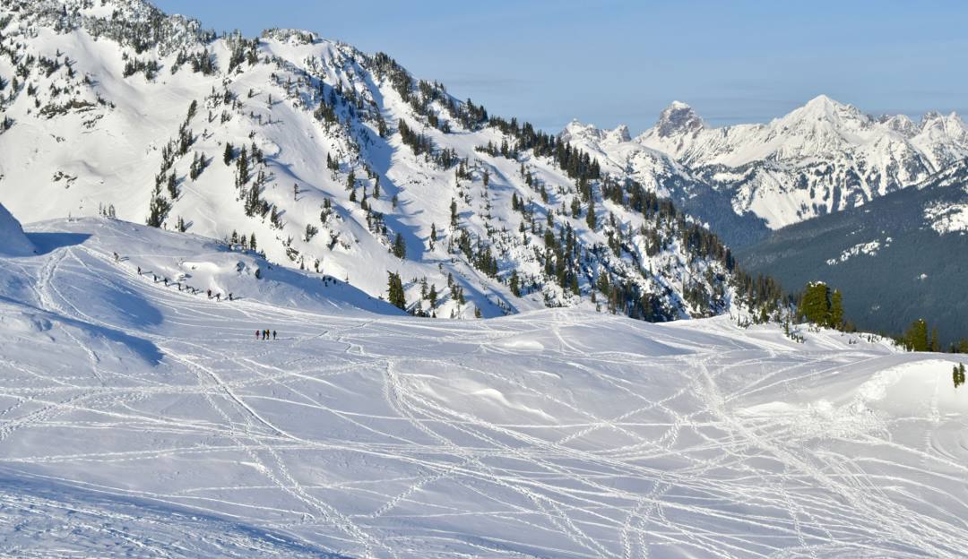 Mt Baker in USA - skiers make their way down the slopes.