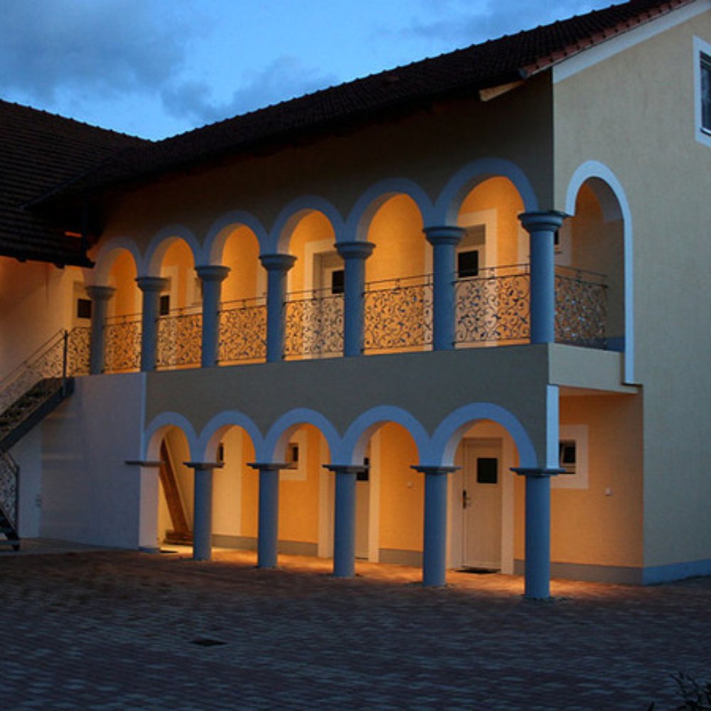 Schneitweg in Germany: the front of the hotel at night.