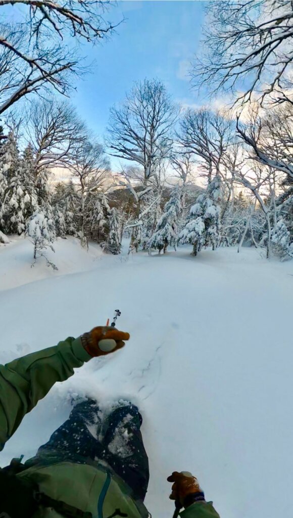 A stunning winter scenery at Bolton Valley in Vermont, USA, showing a ski resort amid snow-covered slopes. There's a skier in action, adding life to the tranquil winter sports scene.