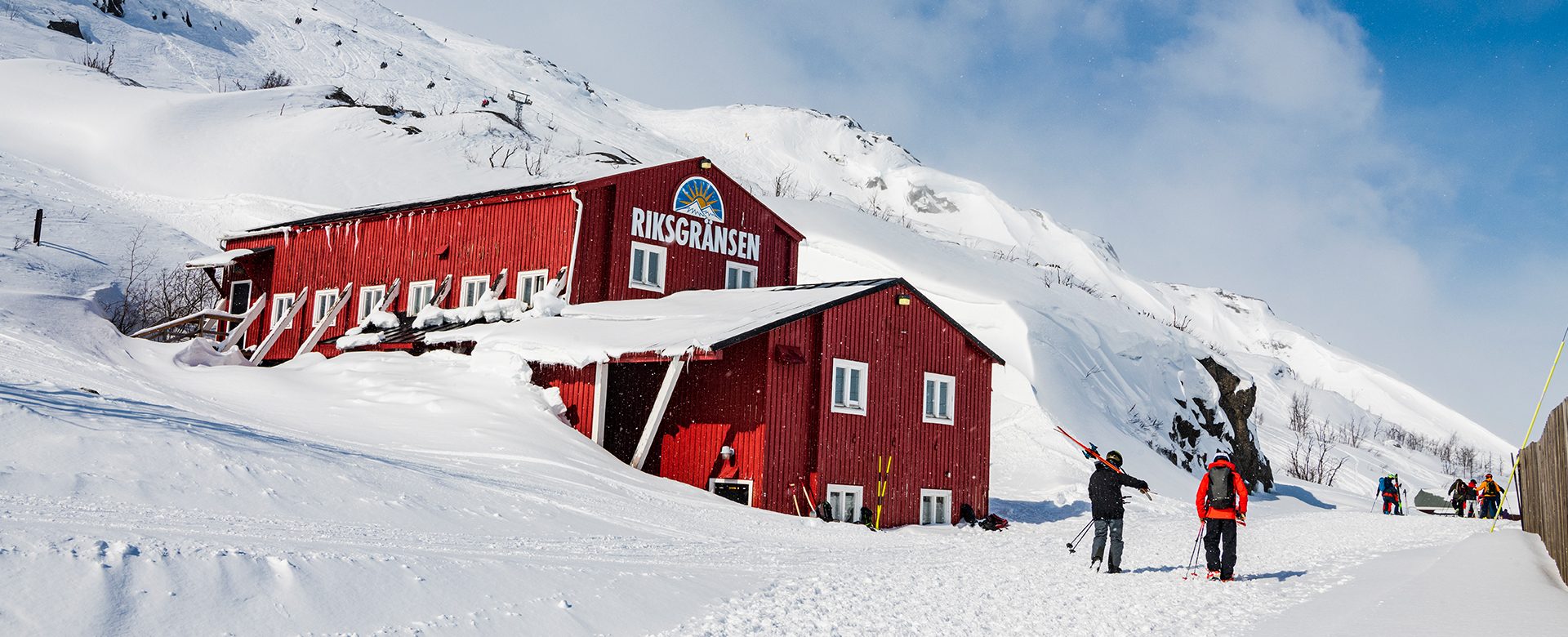 Riksgränsen, Norrbotten, Sweden skiers ready to go down the slopes