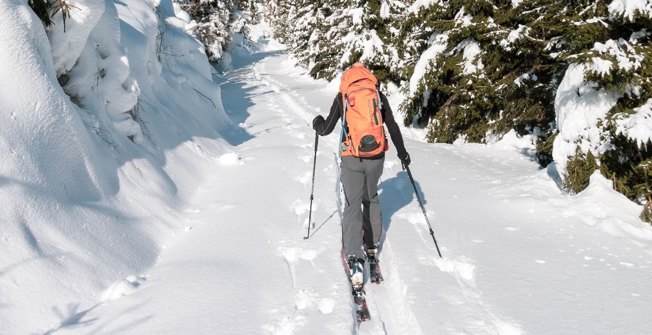 Hochpröller in Germany - a person in an orange jacket skiing down a snowy slope.