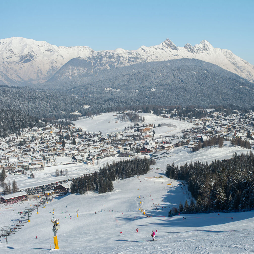 Neuleutasch in Austria: a view of a ski resort in the mountains.