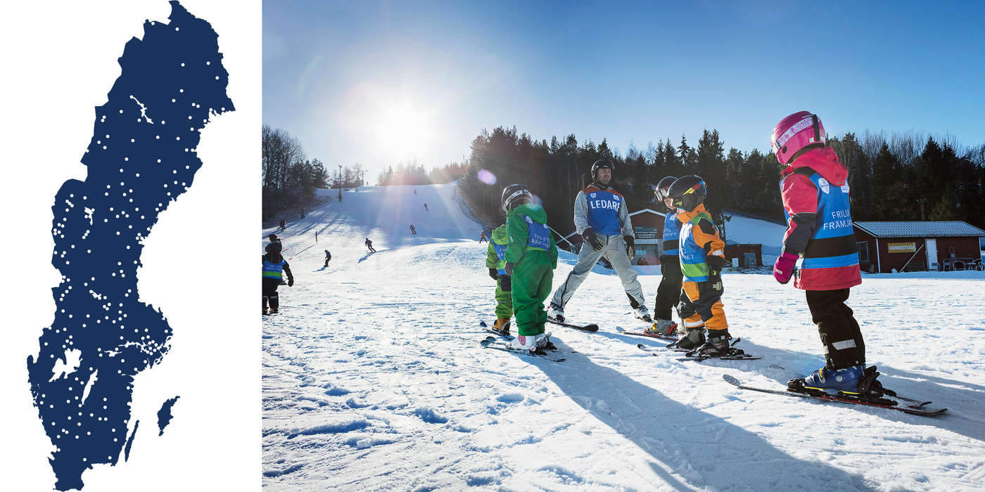 Skattmansöbacken in Sweden - a group of people riding ski boards down a snow covered slope.
