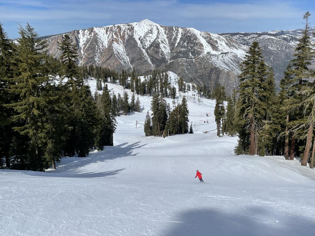Bear Valley in USA - a person skiing down a snow covered mountain.