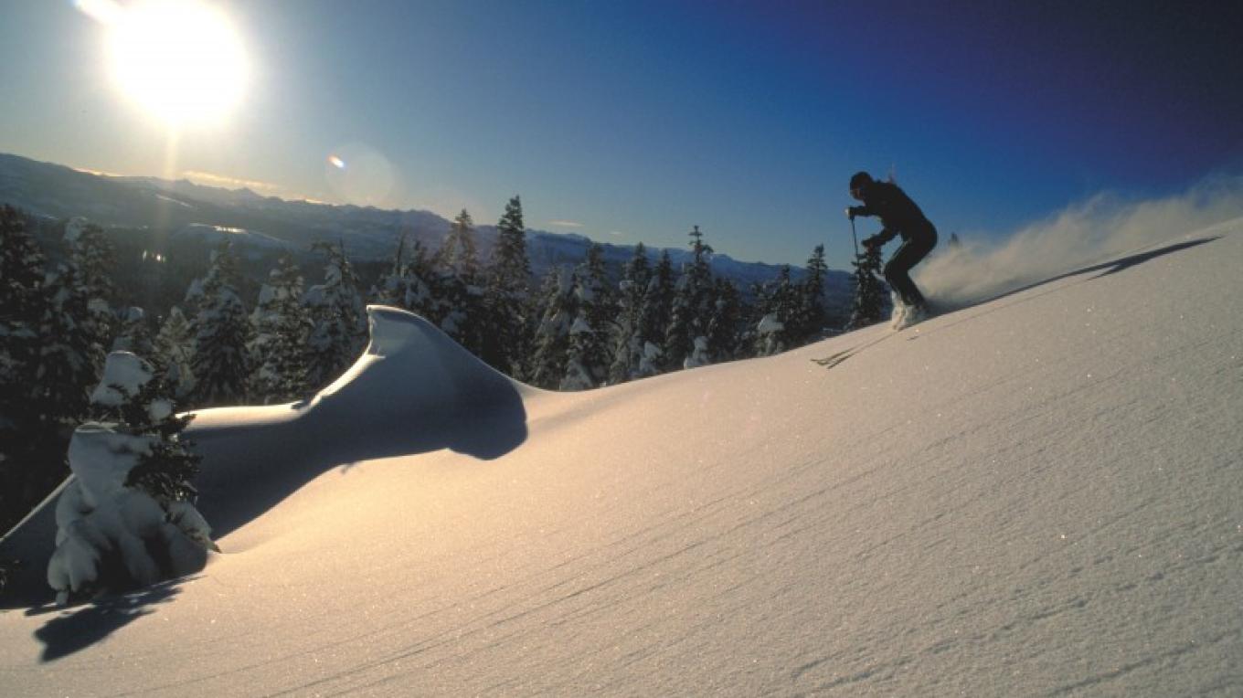 Bear Valley in USA - a person riding a snowboard down a hill.