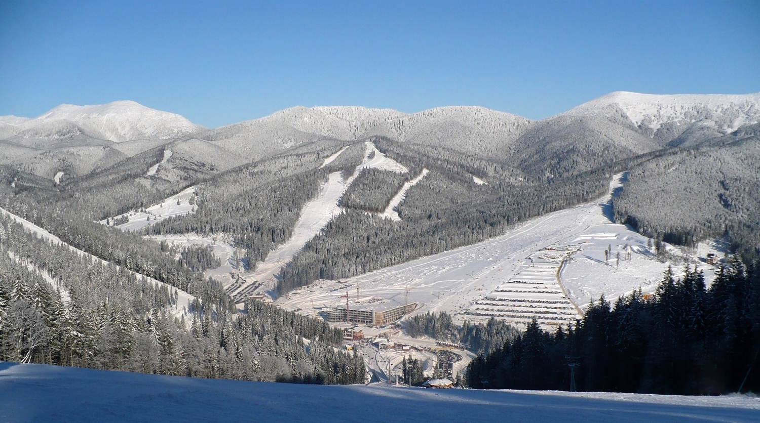 Bukovel in Ukraine: a view of a ski resort from a hill.