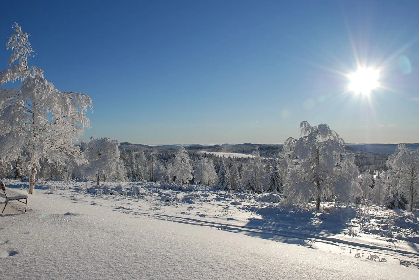 Långberget in Sweden - the sun is shining over a snowy landscape.