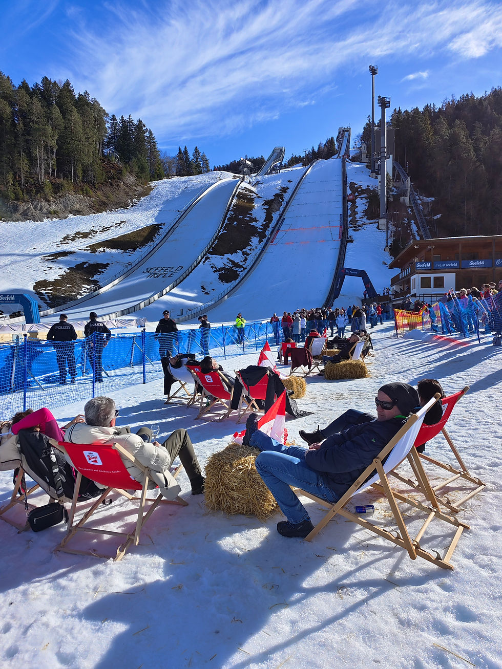 Chaux Neuve in France - a group of people sitting on chairs in the snow.