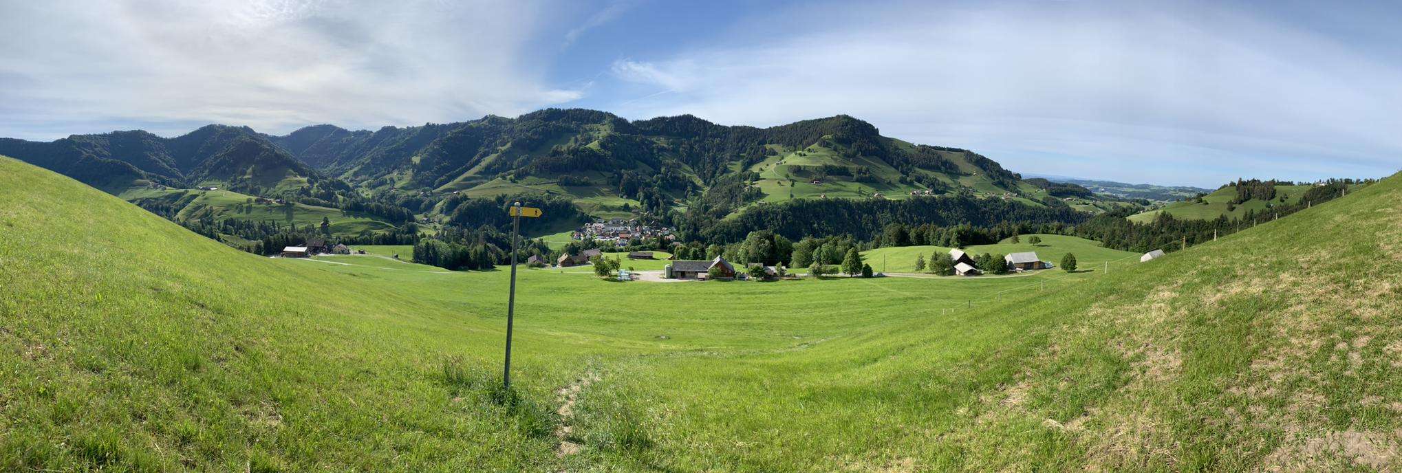 Oberhelfenschwil in Switzerland - a green field with mountains in the background.