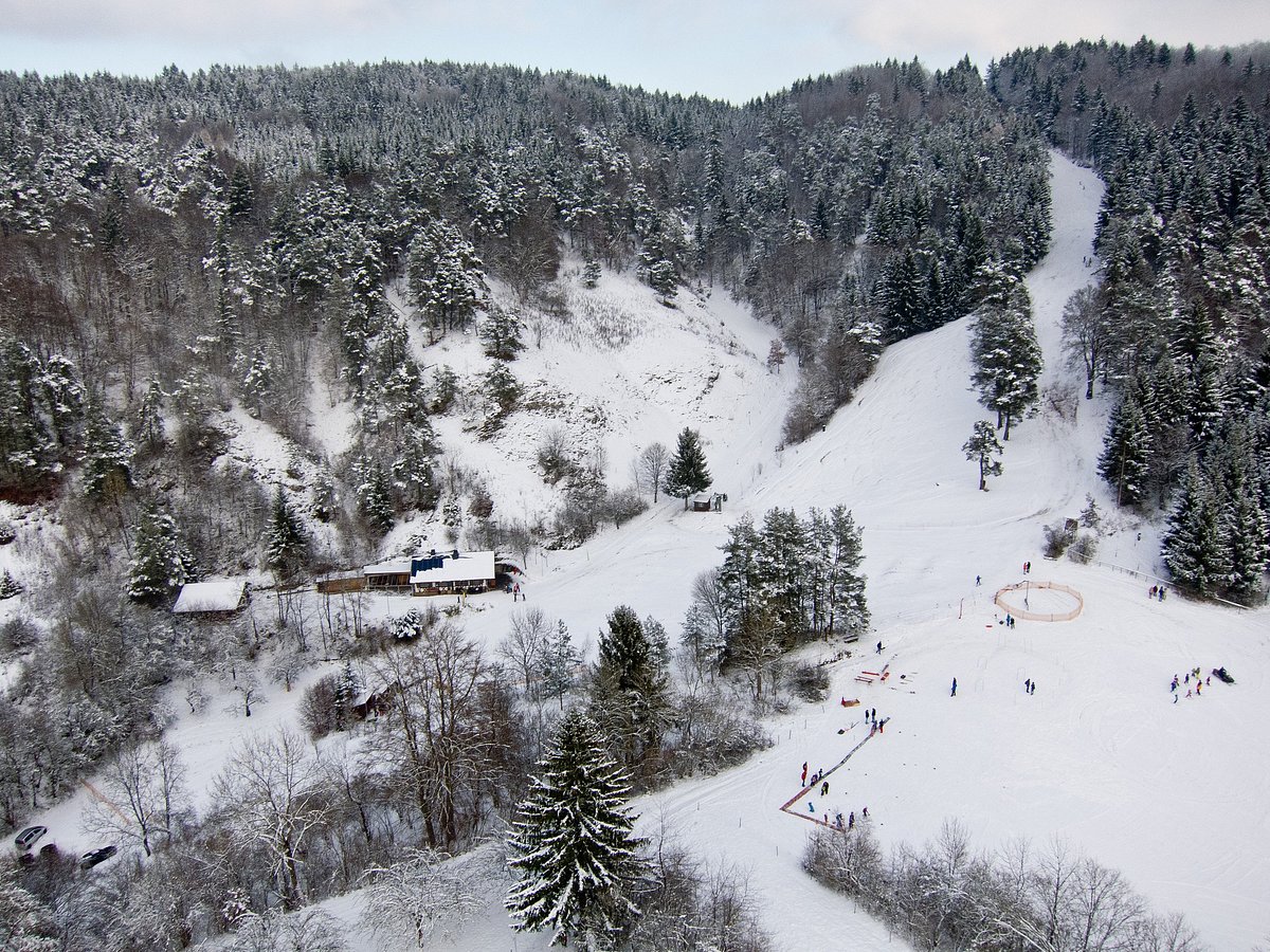 Neuhausen ob Eck in Germany: an aerial view of a ski resort in the mountains.