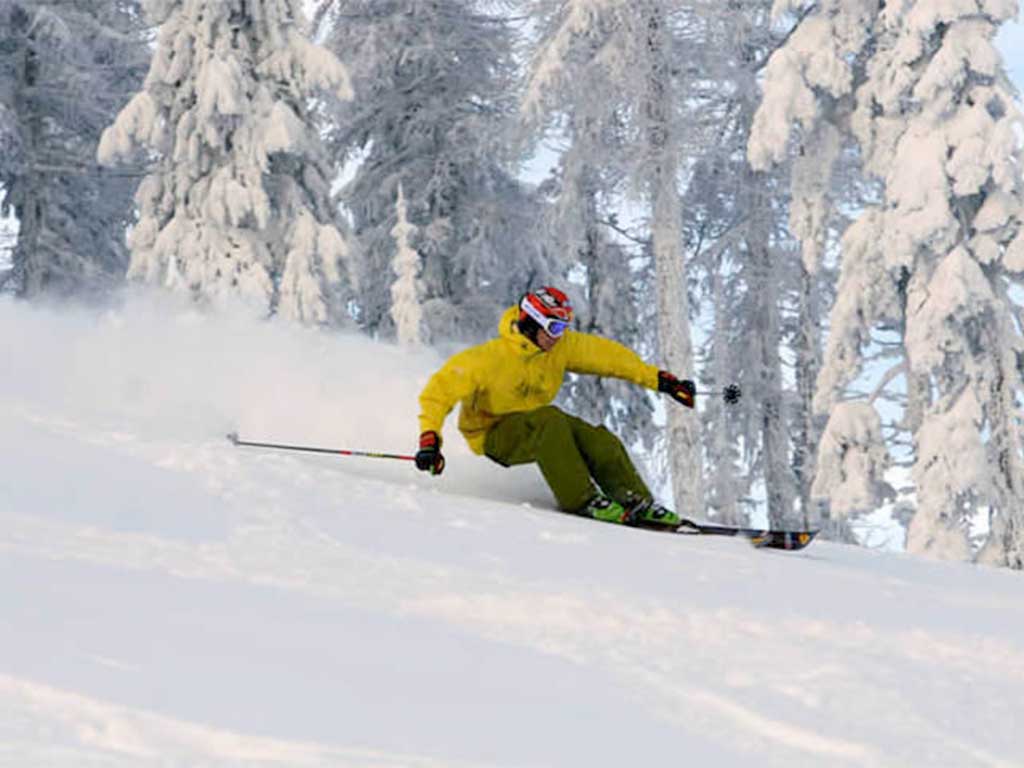 49° North Mountain Resort in USA - a person in a yellow jacket skiing down a hill.