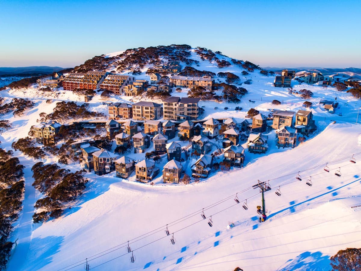 Dinner Plain in Australia: an aerial view of a ski resort in the mountains.