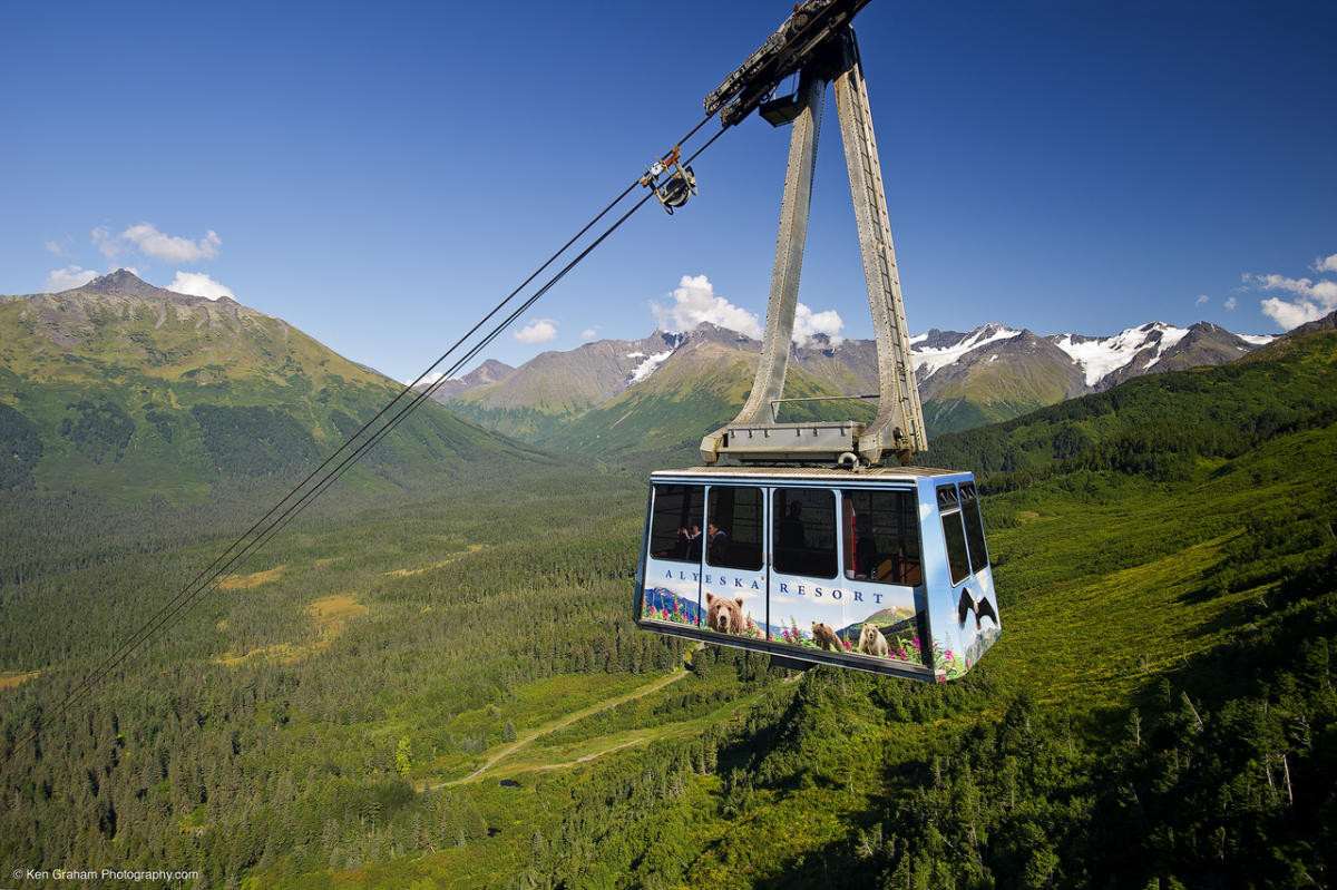 Alyeska Resort – Girdwood in USA - a cable car going up a mountain.