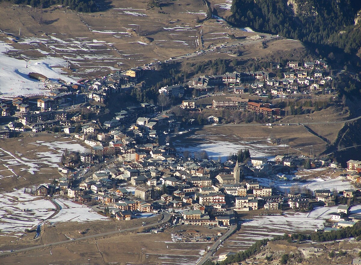 Aussois in France - an aerial view of a small town in the mountains.