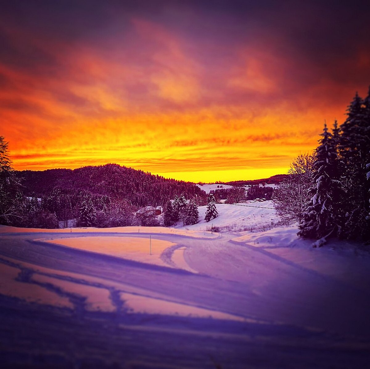 La Pesse in France - the sun is setting over a snowy landscape.