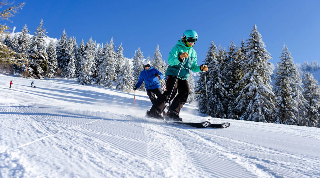 Bogus Basin in USA - a person riding a snowboard down a snowy slope.
