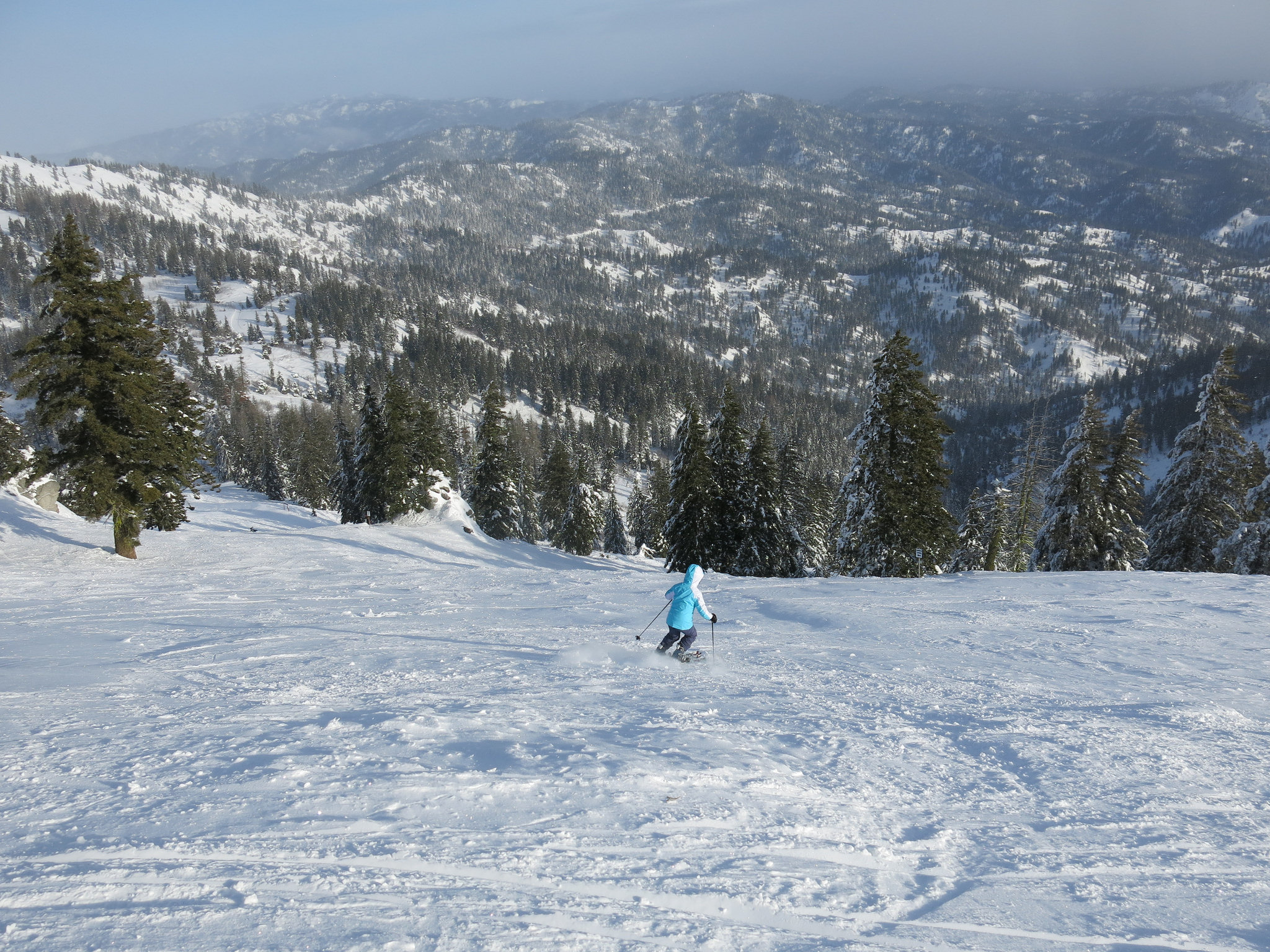 Bogus Basin in USA - a person riding a snowboard down a snowy slope.