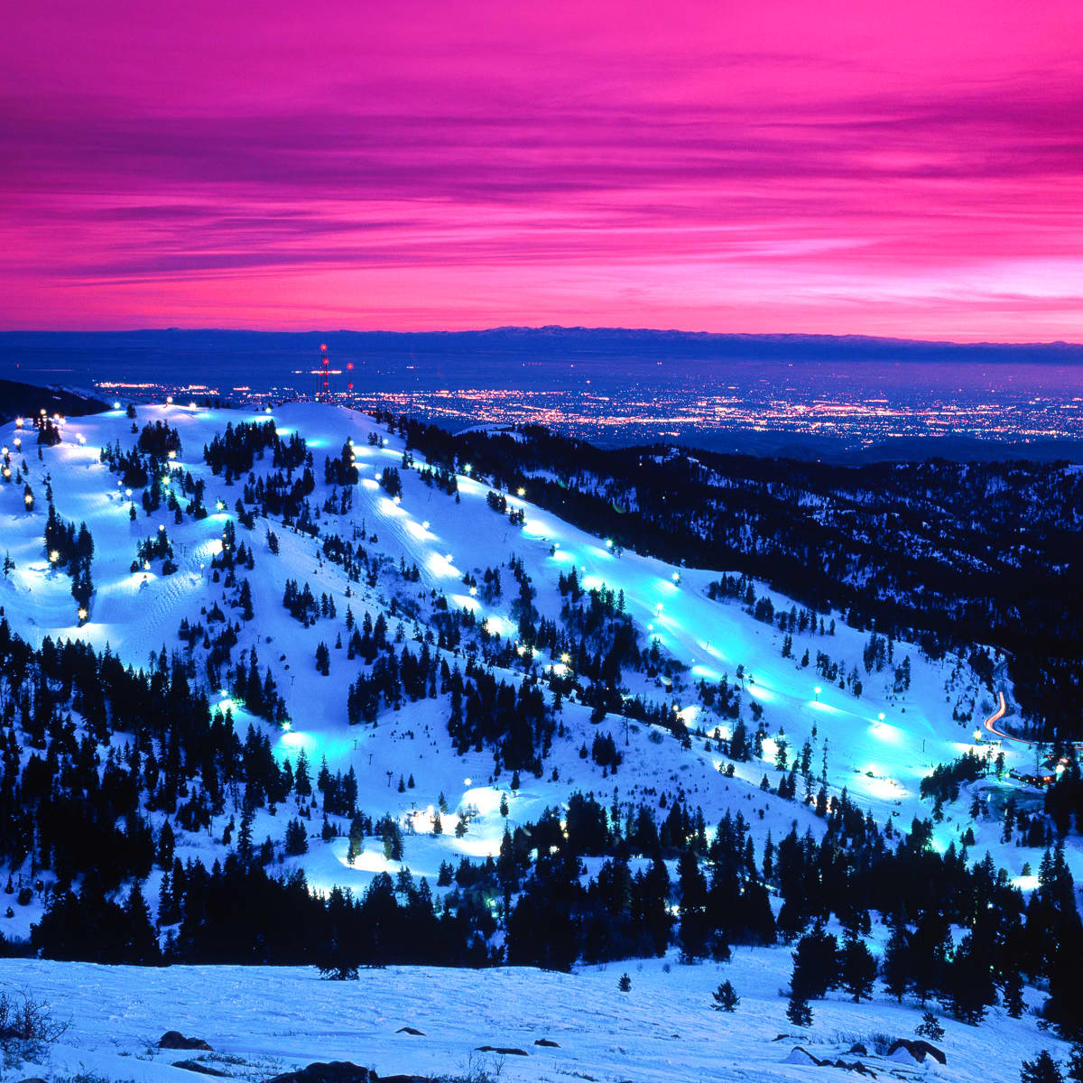 Bogus Basin in USA: a view of a ski resort at night.
