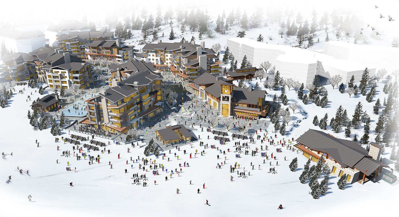 Lake Songhua Resort in China: an aerial view of a ski resort surrounded by trees.